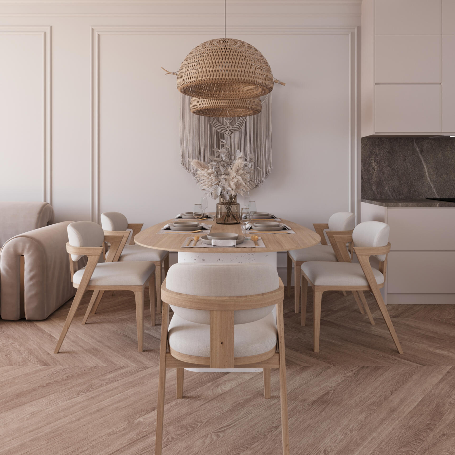 Дизайн квартири, кухні, вітальні у бохо стилі із класичними елементами